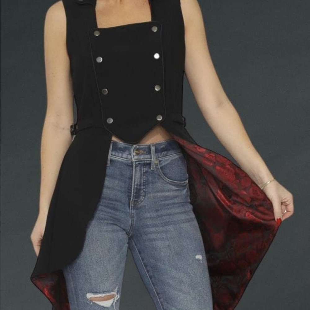 Orchid Bloom Vest, Vestcoat, coattails, red floral satin-like inner fabric Sassy